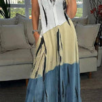 V Neck Sleeveless Color Block Printed Maxi Swing Dress
