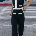 Fashion Contrast Color Knitted Stretch High Waist Casual Straight Pants