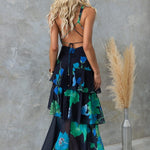 REFRESHING FLORAL PRINT BACK LACE-UP MULTI-TEIR RUFFLE HEM MAXI DRESS