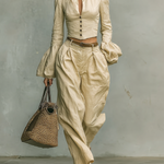 Women's Retro Linen-like Fabric Stand-up Collar Single-breasted Shirt Trousers Two-piece Set
