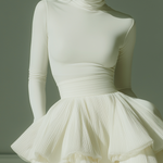 Women's White Stretch Knit Fabric Turtleneck Long-Sleeve Top & Chiffon Tiered Pleated Mini Skirt Set