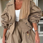 Fashion Style Button Long Balloon Sleeve Pocket Lapel Casual Bomber Jacket