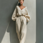Women's Beige Linen V-neck Loose-fitting Top And Wide-leg Pants Set