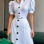 Puff Sleeves Short Sleeves Belted Buttoned Solid Color Lapel Maxi Dresses Shirt Dress
