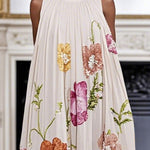 A-Line Loose Floral Printed Pleated Split-Joint Round-Neck Evening Dresses Maxi Dresses