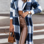 Women's Mid Length Double Breasted Plaid Print Woolen Coat