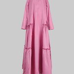 A-Line Long Sleeves Buttoned Layered Pleated Pockets Ruffled Solid Color Split-Joint Stand Collar Maxi Dresses