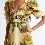 Flower Vine Linen Blend Unique Print Twist Cutout Neck Puff Sleeve Midi Dress
