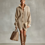 Women's Camel Elegant Button - Front Oversized Mini Cardigan Dress