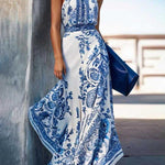 A-Line High Waisted Contrast Color Flower Print Halter-Neck Maxi Dresses