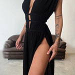 Chic slit braided lace-up cotton and linen dress