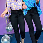 Blue Leopard Print Loose Batwing Sleeve Mock Neck Blouse