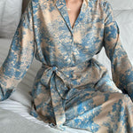 Long Sleeves Buttoned Printed Tied Waist Notched Collar Shirts Top + High Waisted Pants Bottom Two Pieces Set