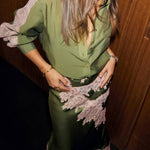 Eye-catching Work Contrast Color Satin Lace Trim Mid Rise Maxi Skirt