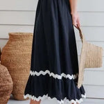 Black Ric Rac Trim High Waist Maxi Skirt