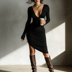Women's Elegant Black Stretchy Knit V-neck Long-sleeved Slim-fit Midi Dress