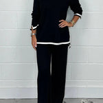 Solid Color V-neck Long-sleeved Loose Top and Elastic Waist Wide-leg Pants Set