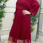 Fenna Ribbed Sequin Trim Batwing Sleeve Sweater and Pleated Tulle Stretch Tank Midi Dress Two-piece Set