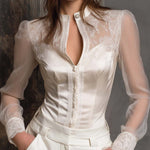 Elegant Lace-Panel Satin Blouse With Sheer Sleeves