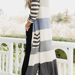 Striped Pockets Open Front Split Long Cardigan