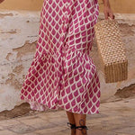 Half Sleeves Loose Buttoned Printed Stand Collar Midi Dresses