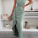 One Shoulder Draped Slit Maxi Cami Dress