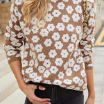 Mock Neck Floral Print Knitted Sweater Color Block Light Weight Sweater