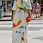 Half Sleeves Loose Asymmetric Printed Split-Joint Tied Waist Lapel Maxi Dresses Shirt Dress