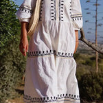 V-Neck Casual Loose Embroidered Mid-Sleeve Midi Dress