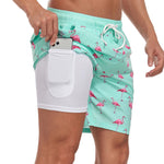 2 In 1 Flamingo Print Pocket Drawstring Swim Shorts
