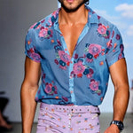 Men's Retro Casual Mesh Printed Floral Lapel Short Sleeve Shirt