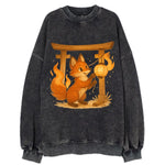Foxfire kitsune stringing lanterns along a torii gate with tails of living - Vintage Sweatshirt