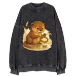 Otter weaving river reeds into a floating crown beside mirror-still water - Vintage Sweatshirt