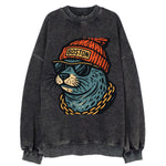 Boston Harbor Seal wearing Boston beanie with pom pom and wayfarer sunglasses - Vintage Sweatshirt