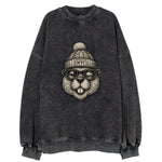 New York Beaver wearing NYC beanie with pom pom and wayfarer sunglasses - Vintage Sweatshirt