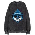 Motor City Wolverine wearing Lions beanie with gear patch and wayfarer - Vintage Sweatshirt