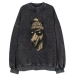 Vermont Morgan Horse wearing Burlington beanie with pom pom and wayfarer - Vintage Sweatshirt