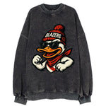Oregon Duck wearing Trail Blazers beanie with rose patch and wayfarer - Vintage Sweatshirt