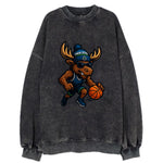 Twin Cities Moose wearing Timberwolves beanie with pine tree patch and - Vintage Sweatshirt