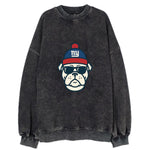 New York Bulldog wearing Giants blue and red beanie with pom pom and wayfarer - Vintage Sweatshirt