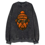Cleveland Bulldog wearing Browns orange and brown beanie with pom pom and - Vintage Sweatshirt