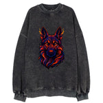 Alert German Shepherd with cyber circuit patterns in the fur, neon orange and - Vintage Sweatshirt