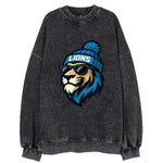 Detroit Lion wearing Lions Honolulu blue and silver beanie with pom pom and - Vintage Sweatshirt