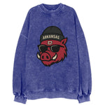 Fayetteville Razorback wearing Arkansas beanie with hog patch - Vintage Sweatshirt