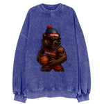 Motor City Wolverine wearing Pistons beanie with gear patch and wayfarer - Vintage Sweatshirt