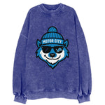 Motor City Wolverine wearing Lions beanie with gear patch and wayfarer - Vintage Sweatshirt