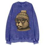 Montreal Beaver wearing Montreal beanie with pom pom and wayfarer sunglasses - Vintage Sweatshirt