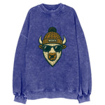 Kansas American Bison wearing Wichita beanie with pom pom and wayfarer - Vintage Sweatshirt