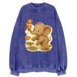 Elephant balancing teacups during a floating tea ceremony beside lotus ponds - Vintage Sweatshirt