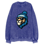 Detroit Lion wearing Lions Honolulu blue and silver beanie with pom pom and - Vintage Sweatshirt